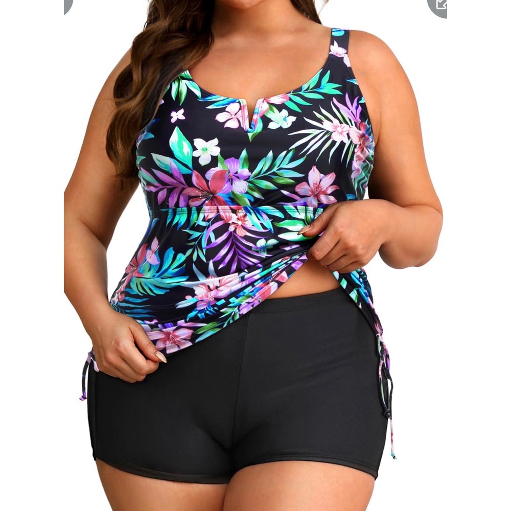 Yonique Womens Floral Tankini Set with Swim Shorts Black Tropical 16W NEW‎
